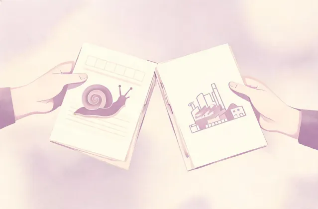 Illustration of a snail mucin specification sheet handing off to a quotation folder