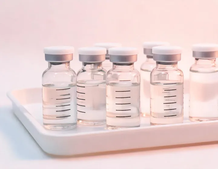 Snail mucin essence vials on a lab tray, illustration only